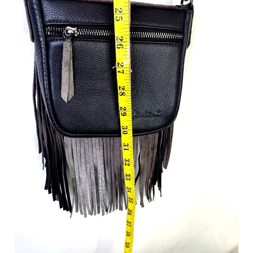Mountain West Tooled Leather Crossbody Purse, Small, Fringed Dark Brown Handbag